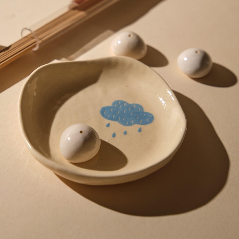 Handmade Ceramic Rainy Cloud Incense Holder Set | Ash Catcher | Renewal Symbol | Meditation Gift