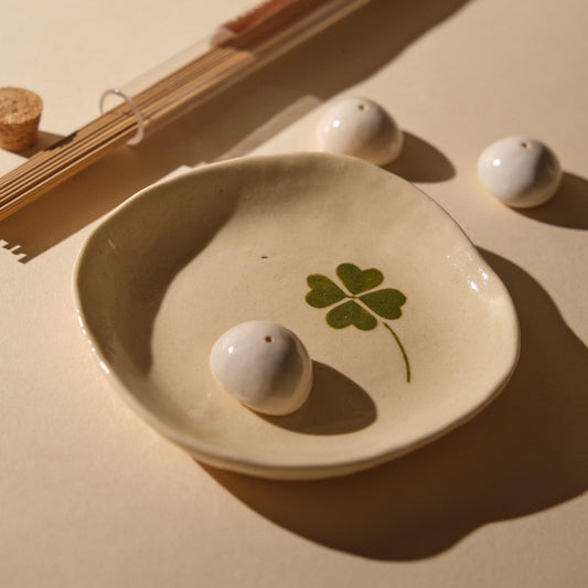 Handmade Ceramic Incense Holder Set: Lucky Clover Design