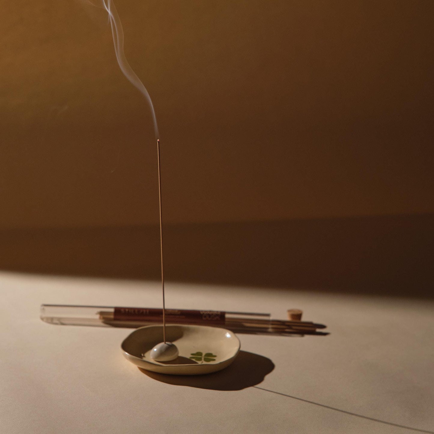 Handmade Ceramic Incense Holder Set: Lucky Clover Design