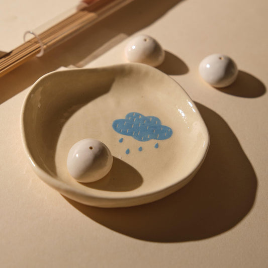 Handmade Ceramic Incense Holder Set: Rainy Cloud Design, Meditation Gift