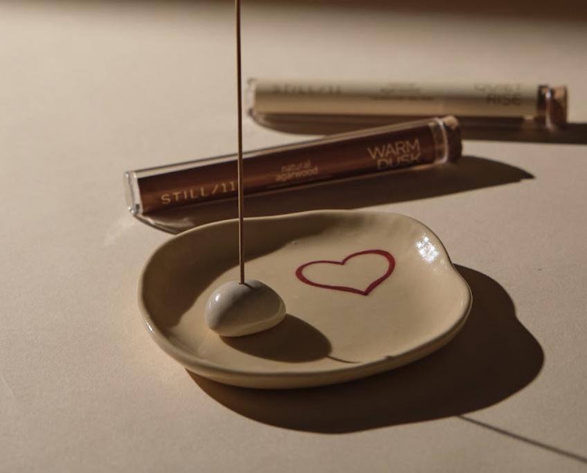 Handmade Ceramic Incense Holder Set: Heart Design Ash Catcher