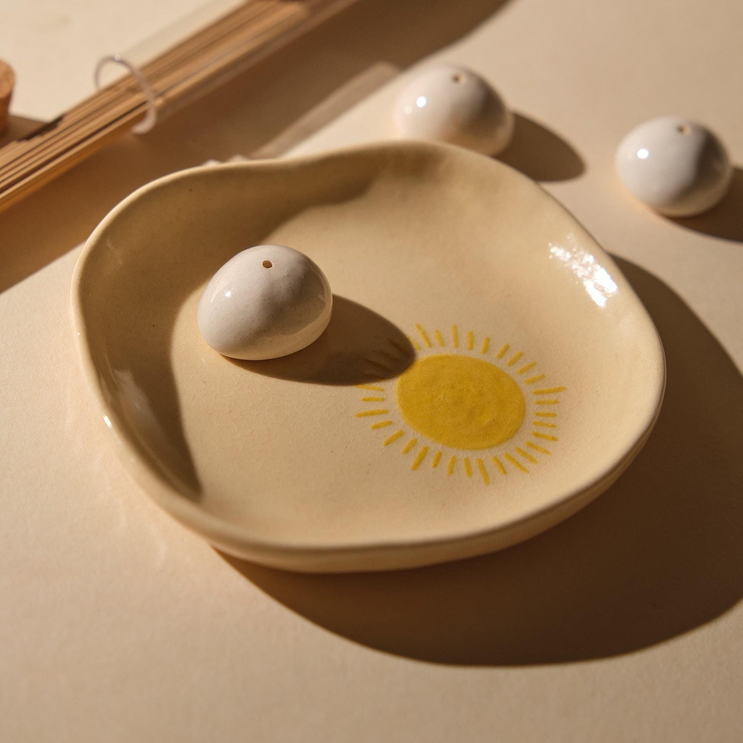 Handmade Ceramic Sun Incense Holder Set: Ash Catcher, Jewelry Tray