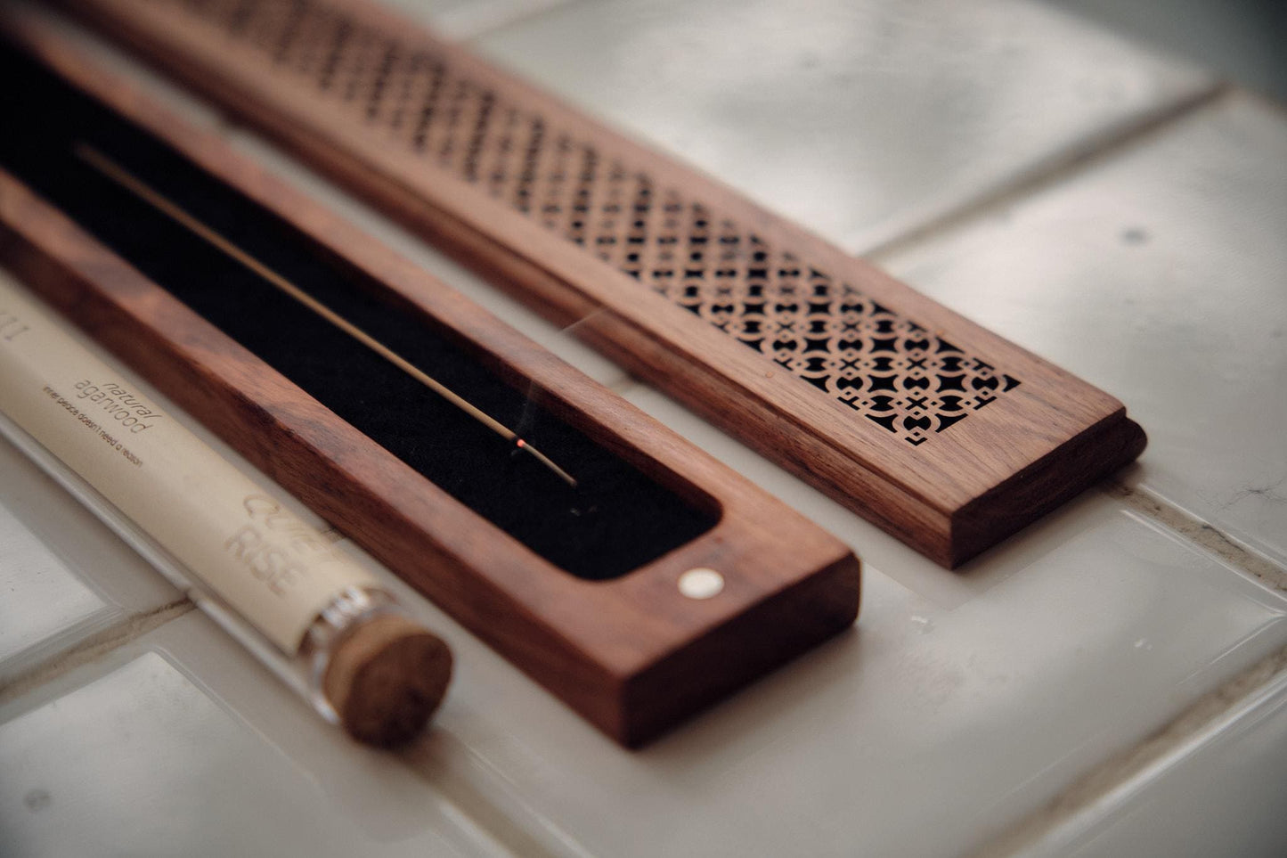 Handmade Wooden Incense Box | 2-in-1 Ash Catcher & Holder | Diamond Lattice | Meditation & Spiritual Gift